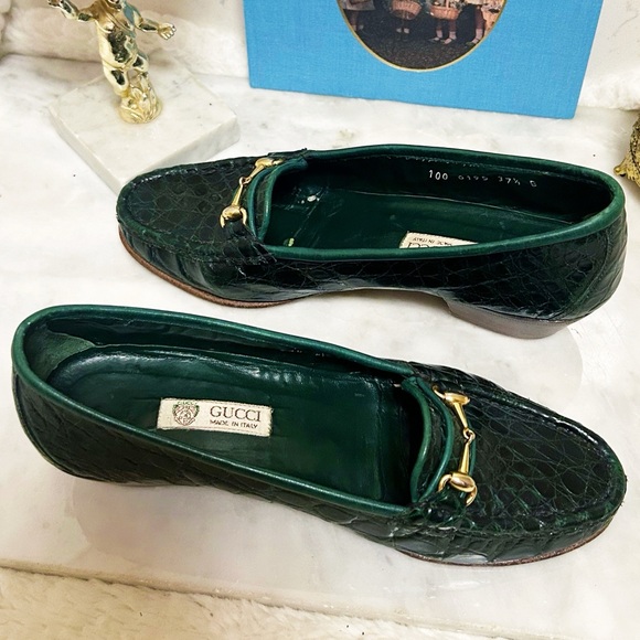 Authentic Gucci RARE 1970’s Vintage Dark Emerald Green Crocodile Leather Loafers - Picture 7 of 13